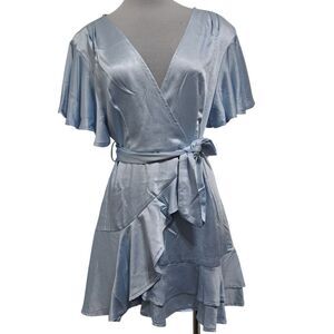 Selfie Leslie Cami Angel Sleeve Faux Wrap Sexy Boho Mini Dress Steel Blue Large